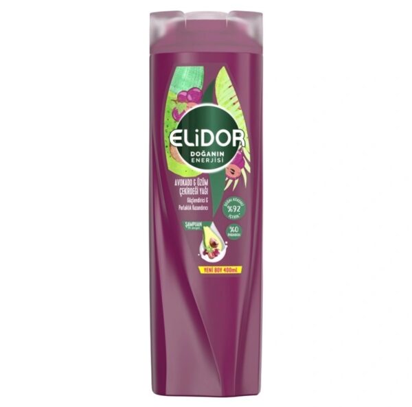 Elidor Doganin Enerjisi Saç BakimSampuani Avokado ve Üzüm ekirdegi Yagi Güçlendirici & Parlaklik Kazandirici 400 ml